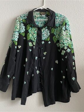 Bob Mackie Black Silk Floral Button-Up Blouse with Green Hydrangea Print